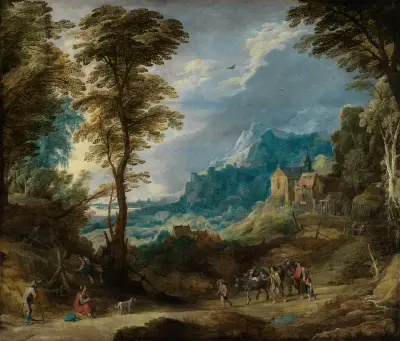 Gebirgslandschaft mit Pilgern und fahrendem Volk av Joos de Momper