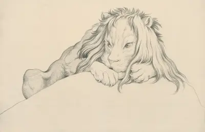 A lion, partly hidden behind an elevation av David Humbert de Superville