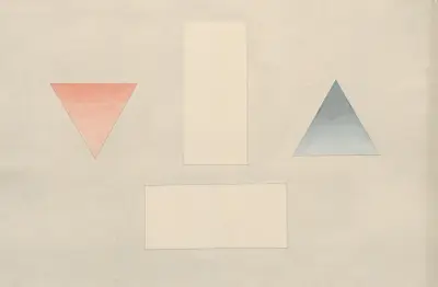 A red triangle pointing downwards, a blue triangle pointung upwards, and two floating rectangles av David Humbert de Superville