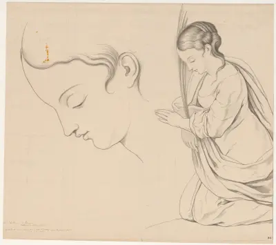 De H. Catharina, knielend: met detail v.h. hoofd av David Humbert de Superville