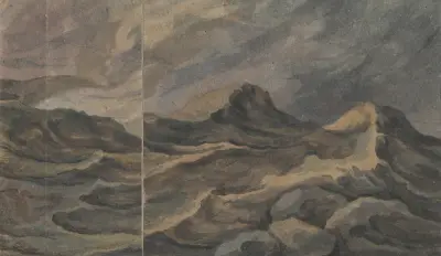 Fantastisch berglandschap; voorgrond ‘La Tour de Babel’ av David Humbert de Superville