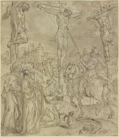 Kreuzigung Christi, Longinus sticht Christus in die Seite, Maerten De Vos