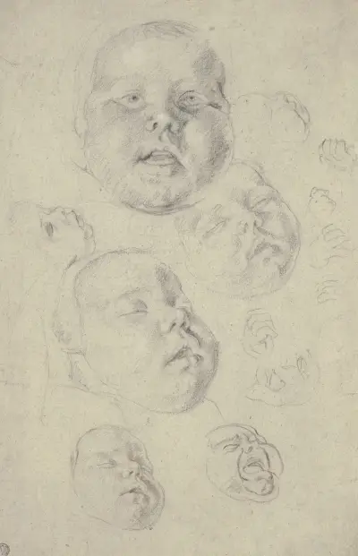 Studienblatt; Kopf und Hände eines Kleinkindes av Cornelis de Vos