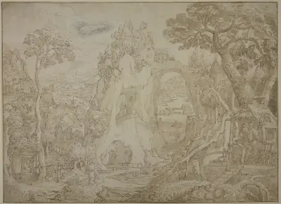 Weite Gebirgs- und Flachlandschaft mit verschiedenen Stationen aus dem Leben eines heiligen Einsiedlers (des Heiligen Antonius), Maerten De Vos