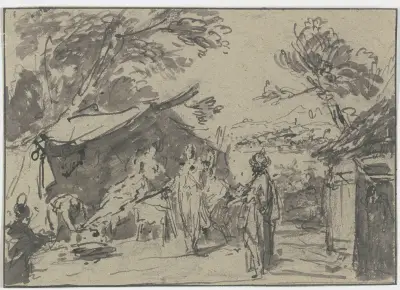 Abraham bewirtet die drei Engel vor seinem Haus von Jacob de Wit