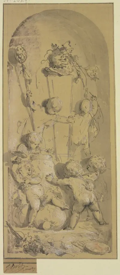 Amoretten schmücken in einer Nische eine Panstatue av Jacob de Wit