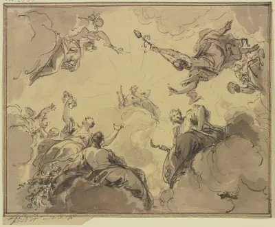 Apollo umgeben von Bacchus, Ceres, Flora und anderen Gottheiten av Jacob de Wit