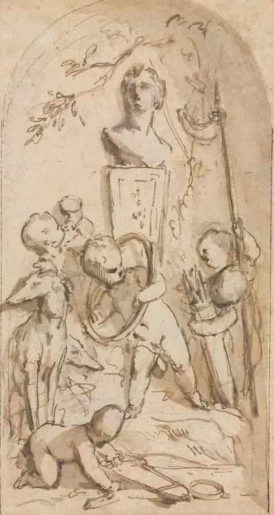 Büste der Diana mit Putti und Jagdattributen von Jacob de Wit