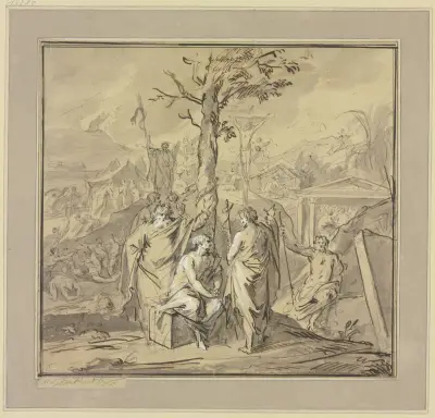 Ein am Baum der Erkenntnis Sitzender erhält Unterweisungen von Moses und Johannes dem Täufer av Jacob de Wit