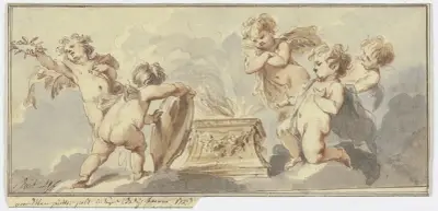 Five putti at a sacrificial altar av Jacob de Wit