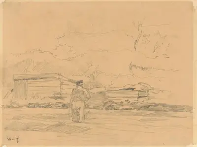 Landschaft mit einem Mann in der Mitte vor einem Schuppen von Willem de Zwart