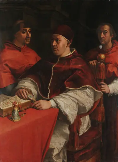 Portrait of Leo X with Cardinals Giulio de’ Medici and Luigi de’ Rossi av Andrea del Sarto