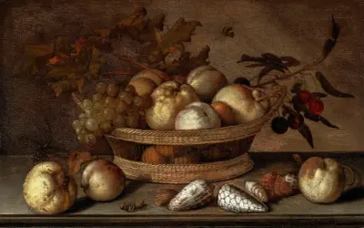 Koš s třešněmi, jablky, broskvemi a hroznem vína, obklopený jablky, broskvemi, mušlemi, včelami a vážkou, 1647, Balthasar van der Ast