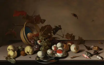 Zátiší s ovocem, proutěným košem, mušlemi a motýlem, Balthasar van der Ast