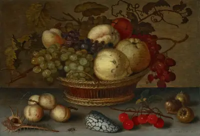 Jablka a hrozny v košíku, s ovocem a mušlemi na kamenné římse, Balthasar van der Ast