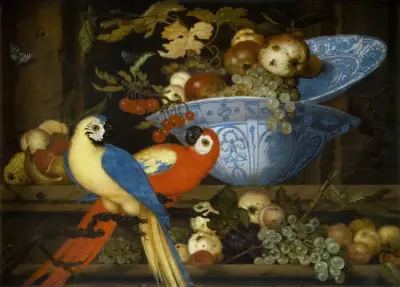 Zátiší s ovocem a dvěma papoušky, Balthasar van der Ast