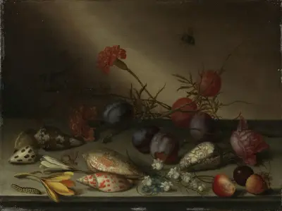 Zátiší s mušlemi, ovocem a květinami, Balthasar van der Ast