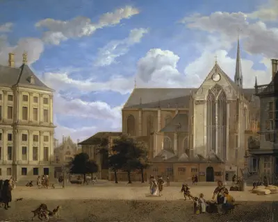 The Dam in Amsterdam towards the Townhall and Nieuwe Kerk av Jan van der Heyden