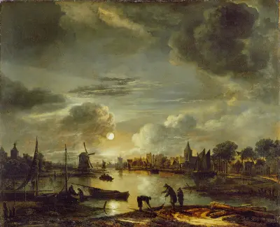 Canal Scene by Moonlight av Aert van der Neer
