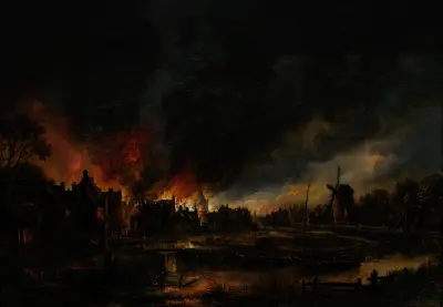 Fire in a village at night av Aert van der Neer