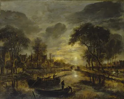 Nocturnal Canal Landscape with Fishing Boats av Aert van der Neer