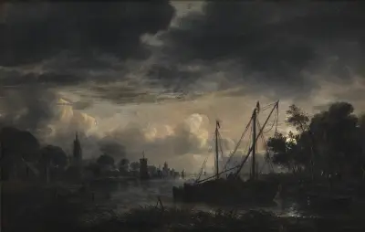 River Landscape in Moonlight, 1643 av Aert van der Neer