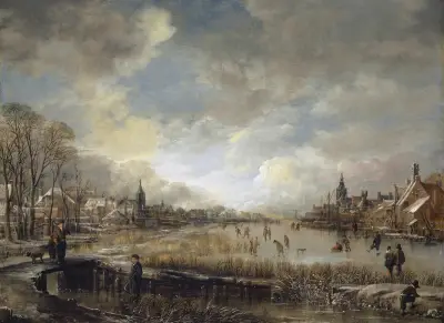 Two Towns on a Frozen River with Golf Players and Ice Skaters av Aert van der Neer