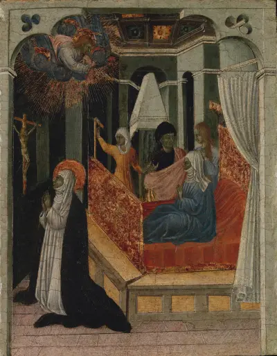 Die heilige Katharina von Siena fleht Christus an, ihre Mutter wiederzubeleben von Giovanni di Paolo