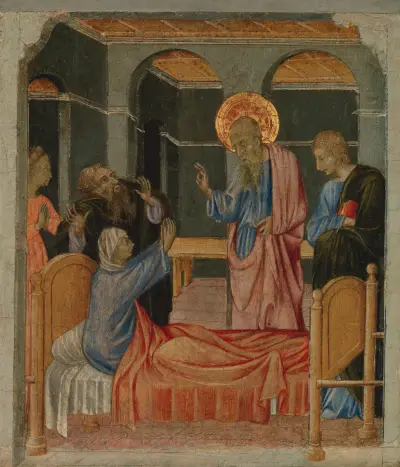 Der heilige Johannes der Evangelist erweckt Drusiana von Giovanni di Paolo
