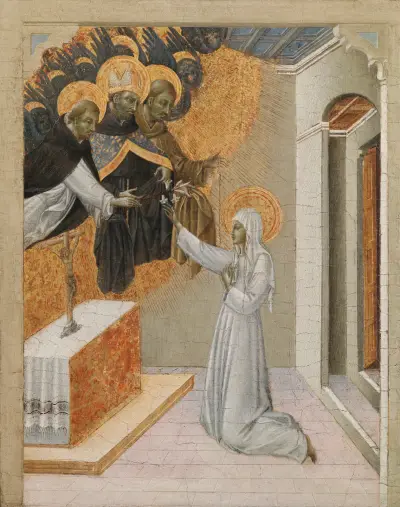 Die heilige Katharina von Siena wird mit dem Dominikanerhabit eingekleidet von Giovanni di Paolo