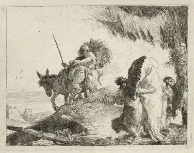 The Flight with the Madonna at Right Supported by Angels av Giovanni Domenico Tiepolo
