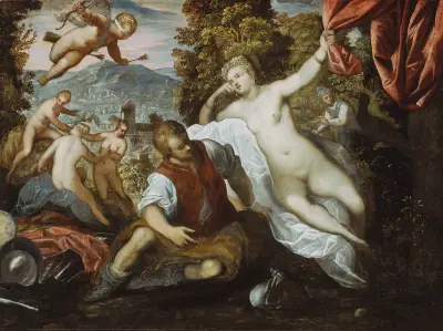 Venus and Mars with Cupid and the Three Graces in a Landscape av Domenico Tintoretto