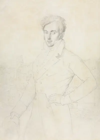 Portrait of a Young Man Standing on the Quirinal with the Turris Comitum in the Background av Jean Auguste Dominique Ingres