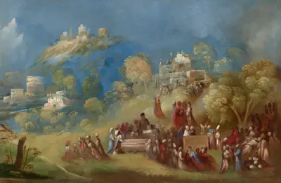 Die Trojaner bauen den Venustempel und opfern am Grab des Anchises auf Sizilien von Dosso Dossi