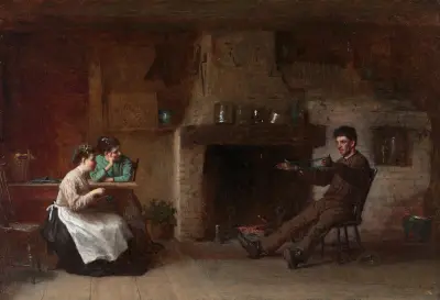 Zwĳanie przędzy (wnętrze kuchni na Nantucket), Eastman Johnson