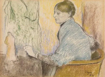 Madame Henri Rouart in an armchair in front of a small table with a Tanagra statuette av Edgar Degas