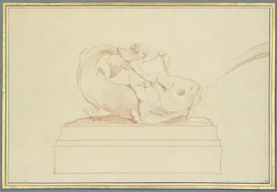 Wasser speiender Delphin nach links mit einer Amorette, Edmé Bouchardon
