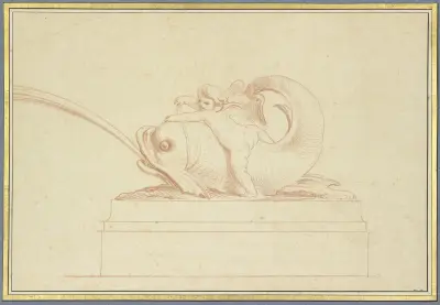 Wasser speiender Delphin nach rechts mit einer Amorette, Edmé Bouchardon