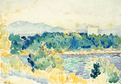 Mediterranean Landscape with a White House av Henri-Edmond Cross