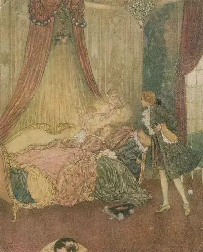 A tam, na łożu, którego zasłony były szeroko rozsunięte, ujrzał najpiękniejszą wizję, jaką kiedykolwiek widział. – nr 1, Edmund Dulac