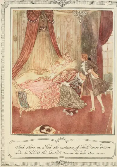 A oto na łożu, którego zasłony szeroko rozsunięto, ujrzał najcudniejszą wizję, jaką kiedykolwiek widział, 1910, Edmund Dulac