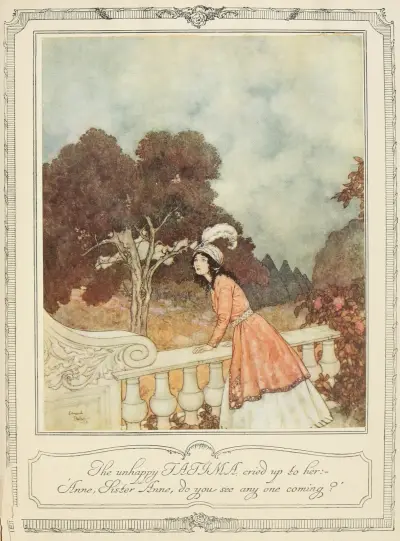 Nieszczęsna Fatima zawołała do niej: „Anno, siostro Anno, czy widzisz kogoś, kto nadchodzi?”,, Edmund Dulac