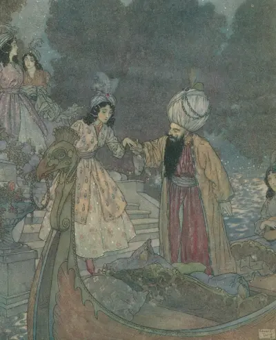 Wiosłowali przy dźwiękach muzyki po wodach prywatnego kanału swojego gospodarza, Edmund Dulac