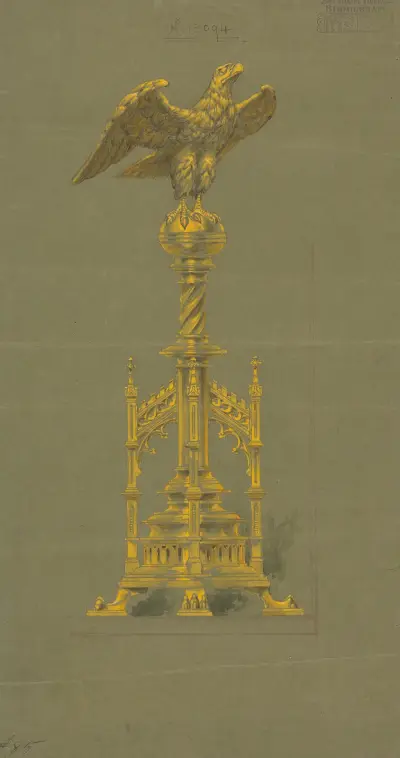 Design executed for Jones and Willis, metal and wood-workers and church furniture manufacturers of Birmingham and London – nr 21 av George Edmund Street