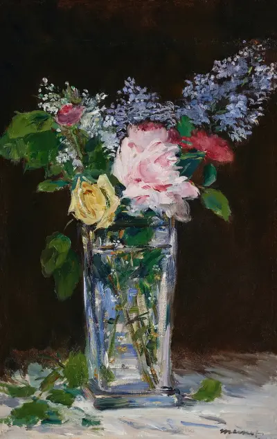 Váza s květinami, růžemi a šeříky, Édouard Manet