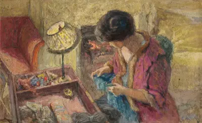 Le Petit Salon, Madame Hessel À La Table À Ouvrage (Étude) av Édouard Vuillard