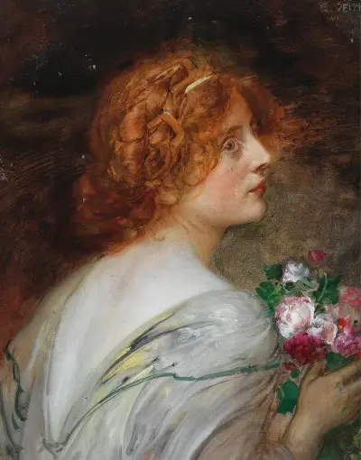 Back View Of A Young Woman In Profile With A Bouquet Of Roses In Her Hands av Eduard Veith