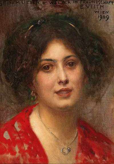 Portrait of a Young Woman in a Red Dress av Eduard Veith