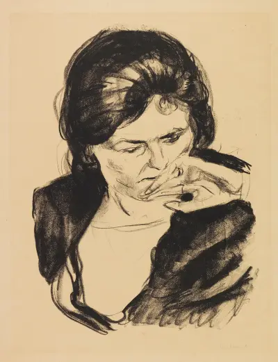 Frauenkopf mit der Hand am Mund av Edvard Munch