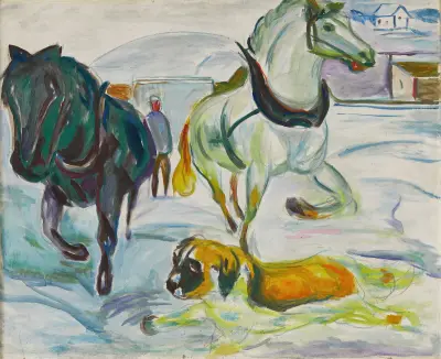 Horse Team and a St. Bernhard in the Snow av Edvard Munch
